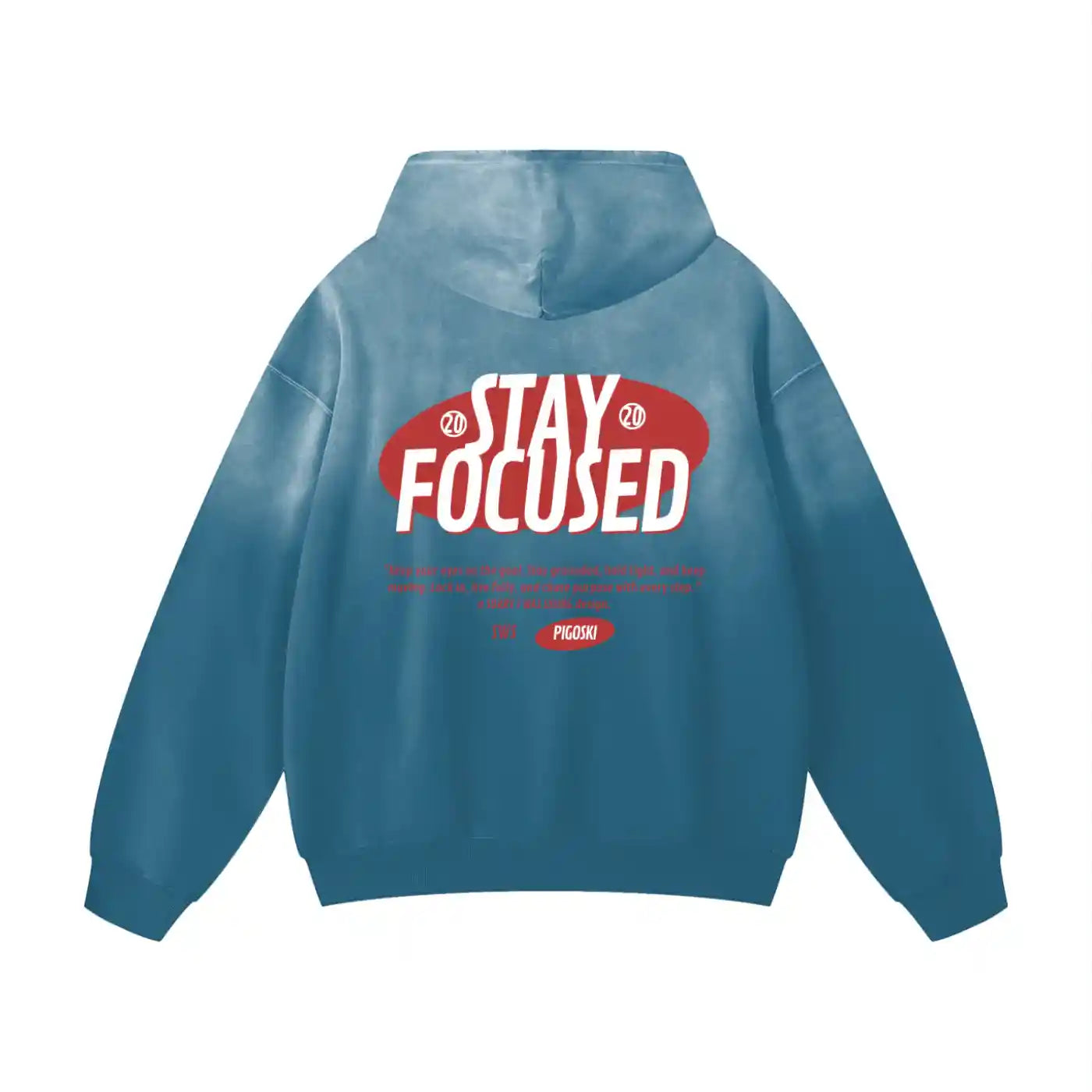 Blue hoodie with 'Stay Focused' text on the back against a white background