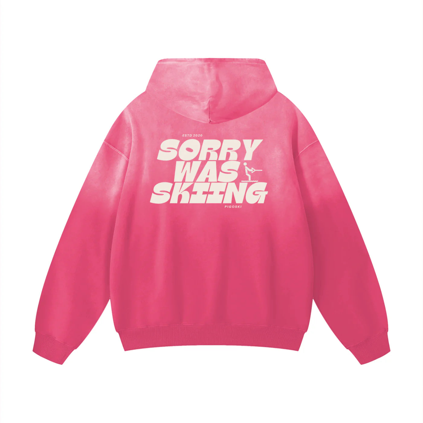 Pink hoodie with white text on the back against a white background