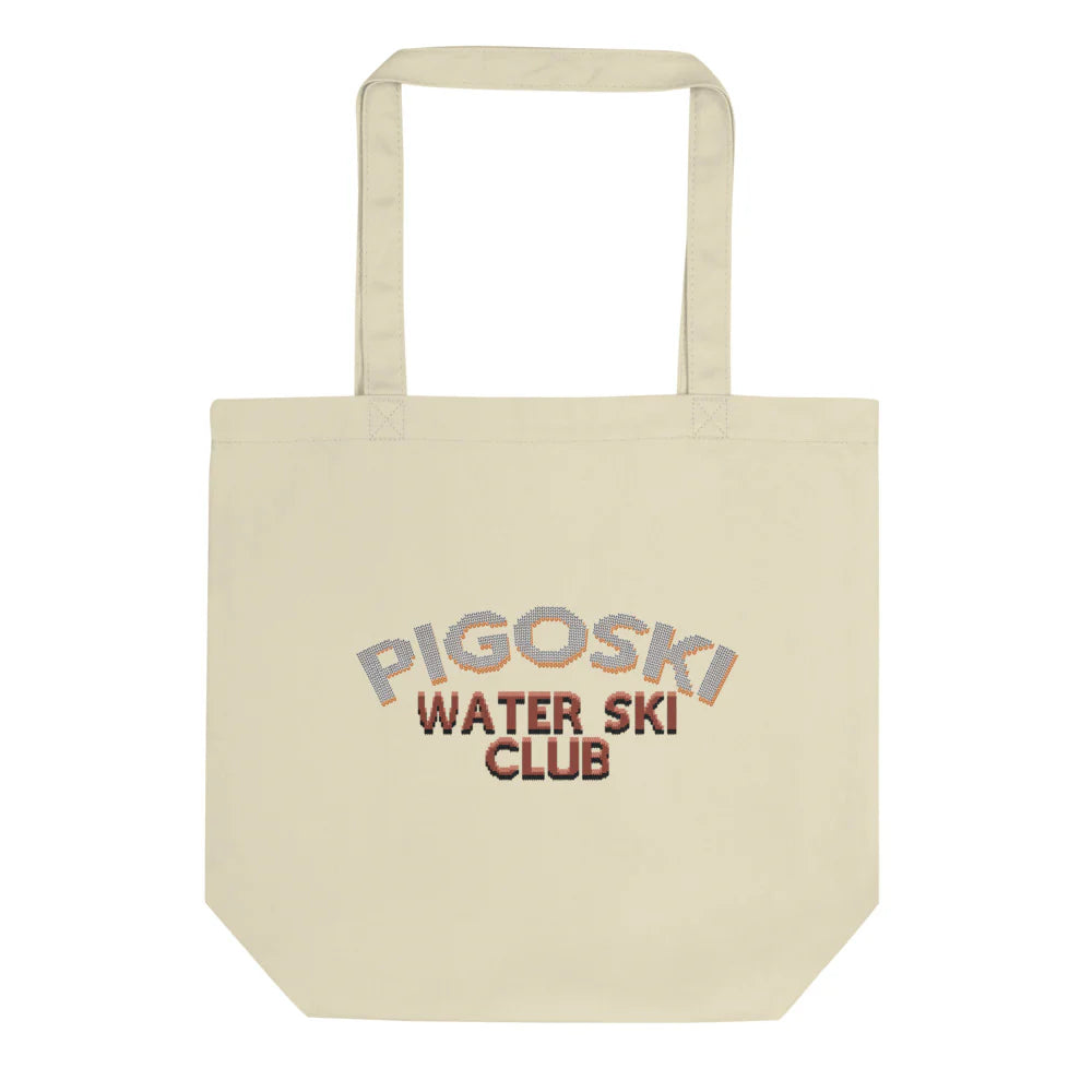 Beige tote bag with 'Pigoski Water Ski Club' text on a white background