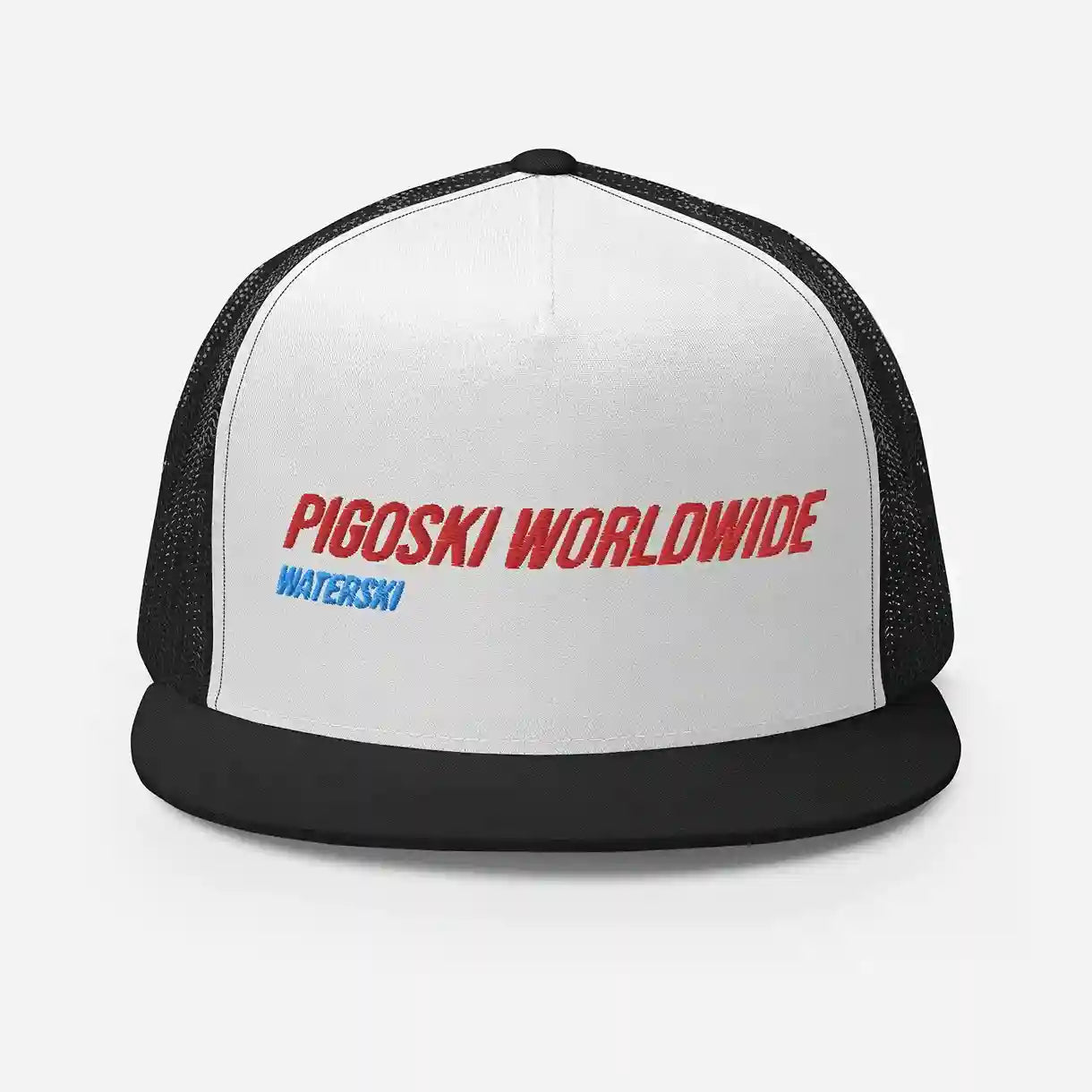 Trucker hat with 'Pigoski Worldwide Waterski' text on a white background
