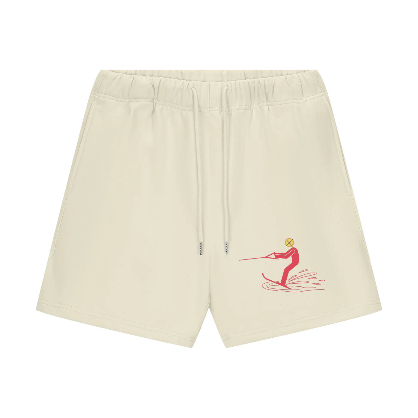 Beige shorts with a red graphic on a white background