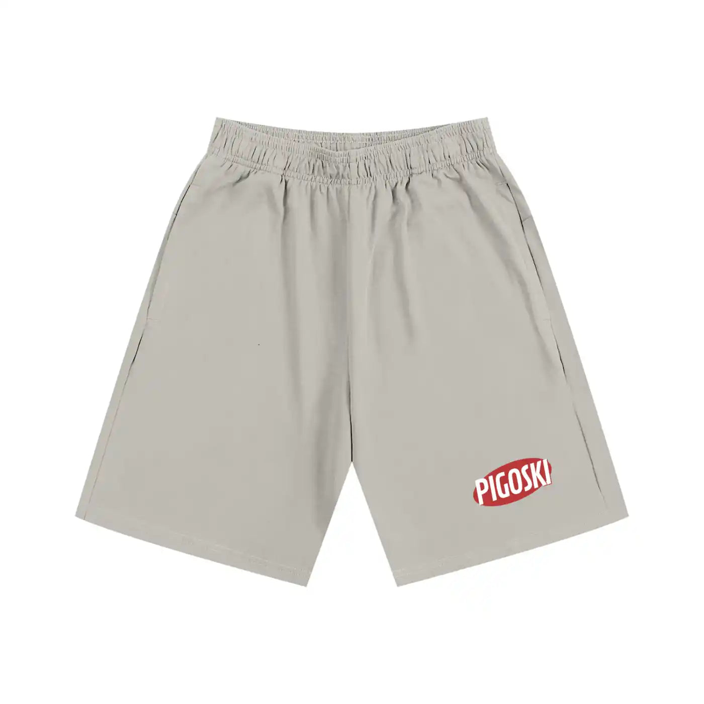Beige color shorts with a red logo on a white background