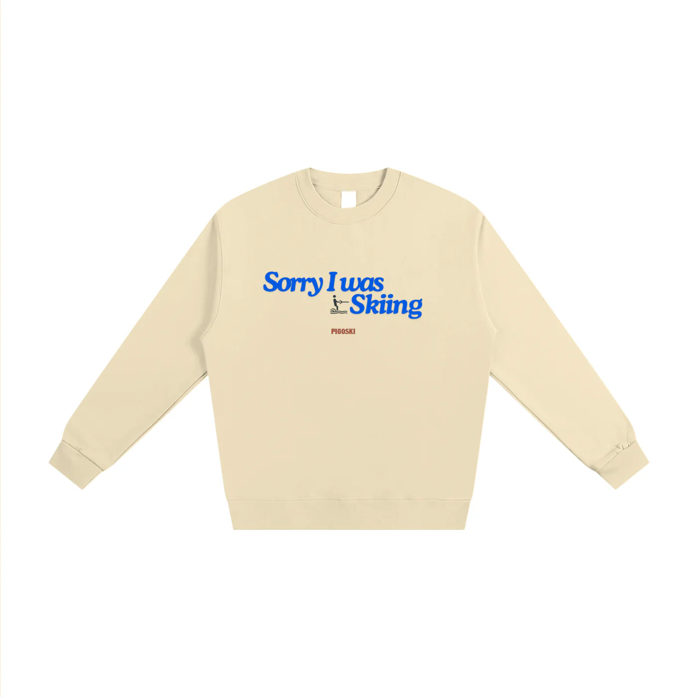 Beige sweatshirt with blue text on a white background