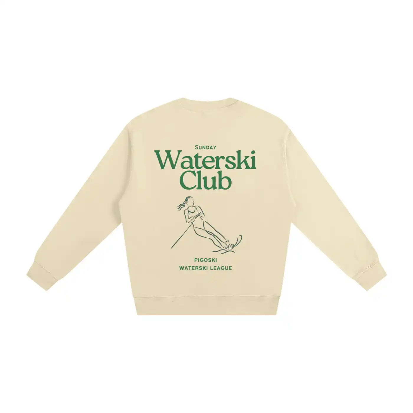 Beige sweatshirt with green text and waterski illustration on a white background