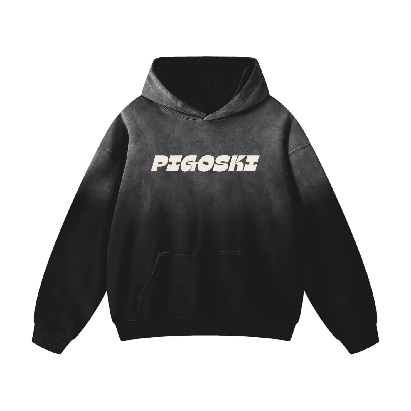 Black hoodie with 'PIGOSKI' logo on a white background