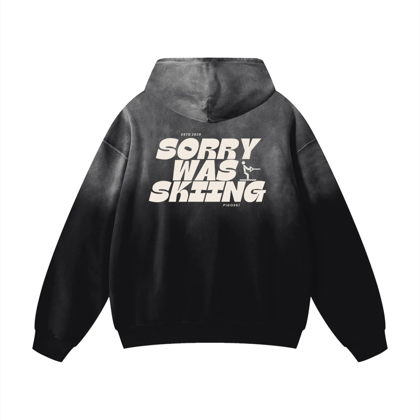 Black hoodie with white text on the back on a white background