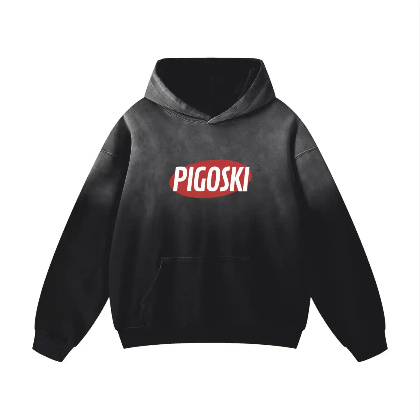 Black hoodie with 'PIGOSKI' logo on a white background