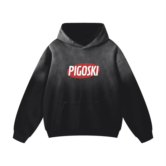 Black hoodie with 'PIGOSKI' logo on a white background