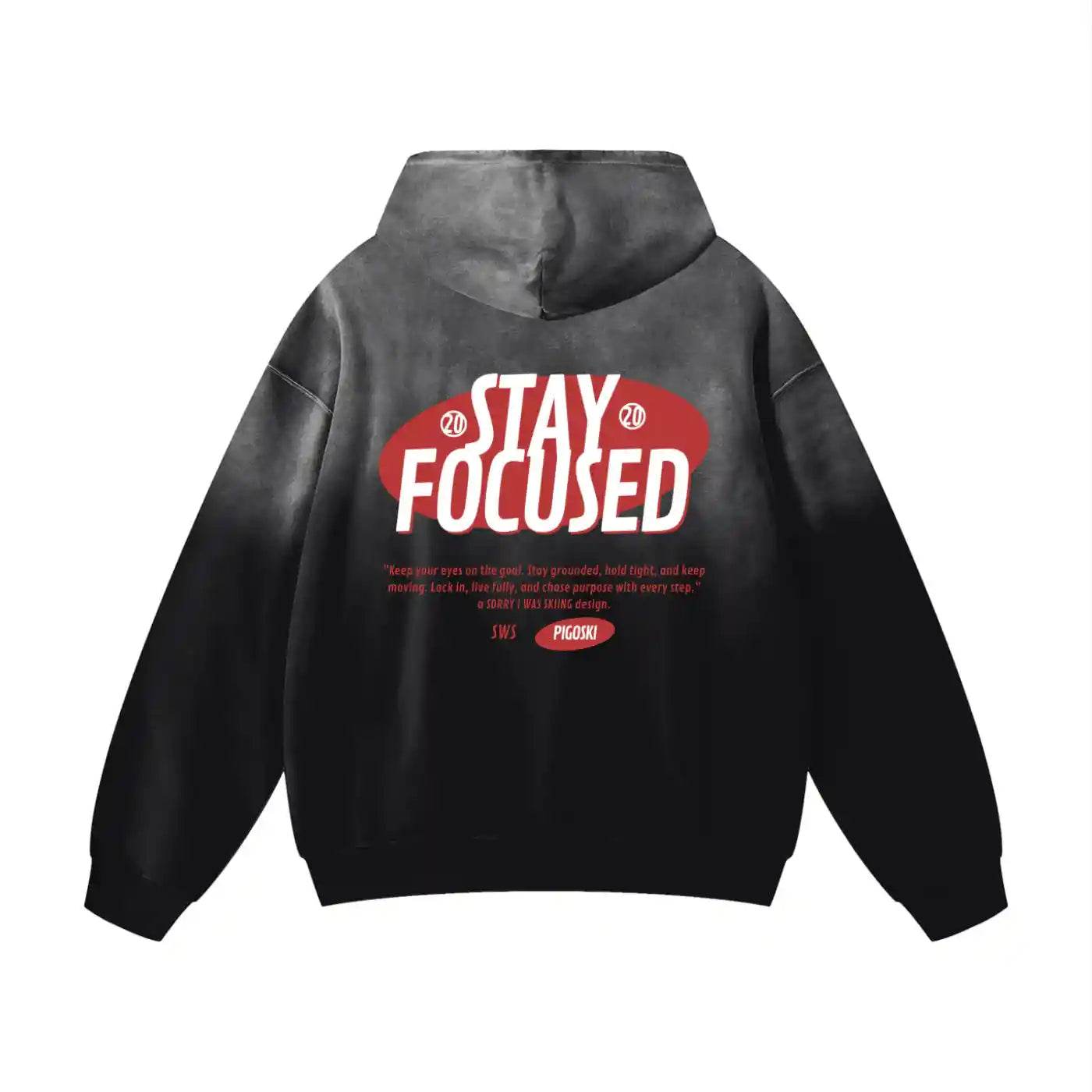 Black hoodie with 'Stay Focused' text on the back against a white background