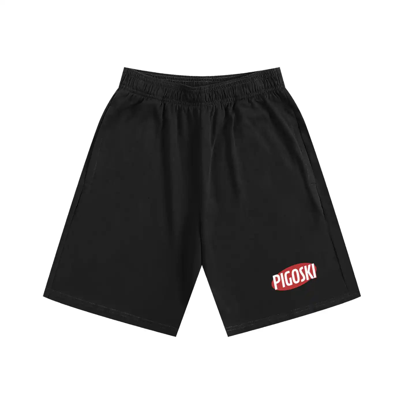 Black color shorts with a red and white logo on a white background