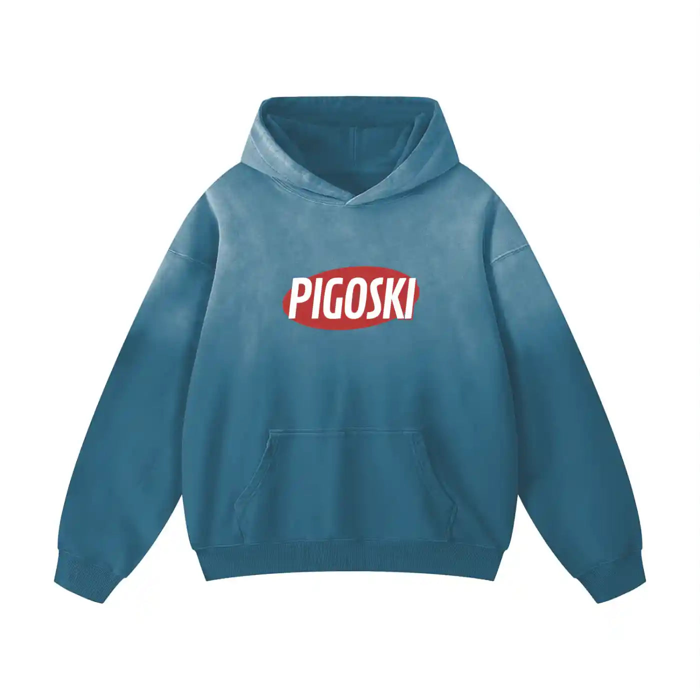 Blue hoodie with 'PIGOSKI' logo on a white background