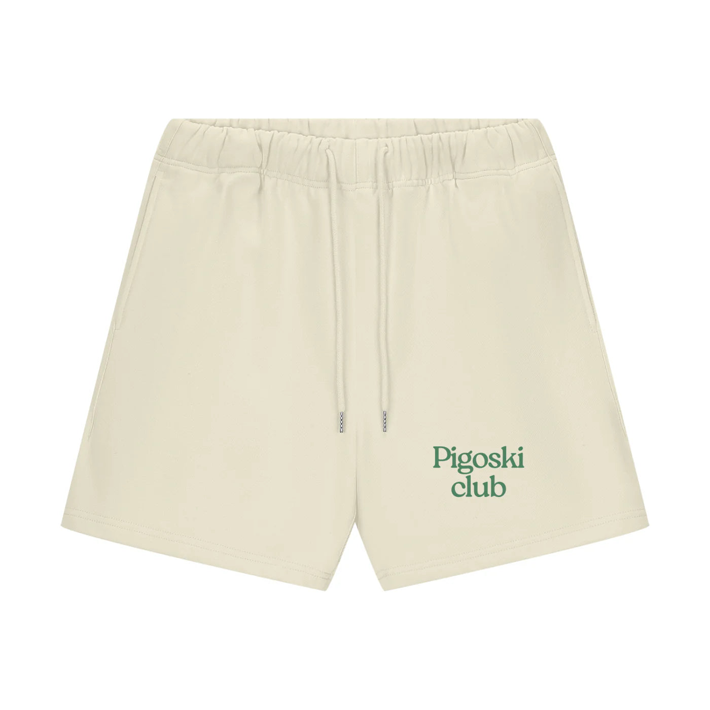 Beige shorts with 'Pigoski Club' text on a white background