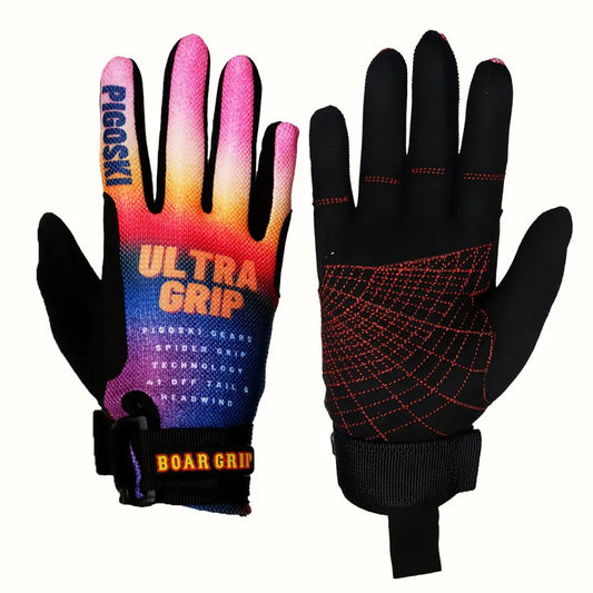 Gradient color gloves with 'Ultra Grip' and 'Pigoski' branding on a white background
