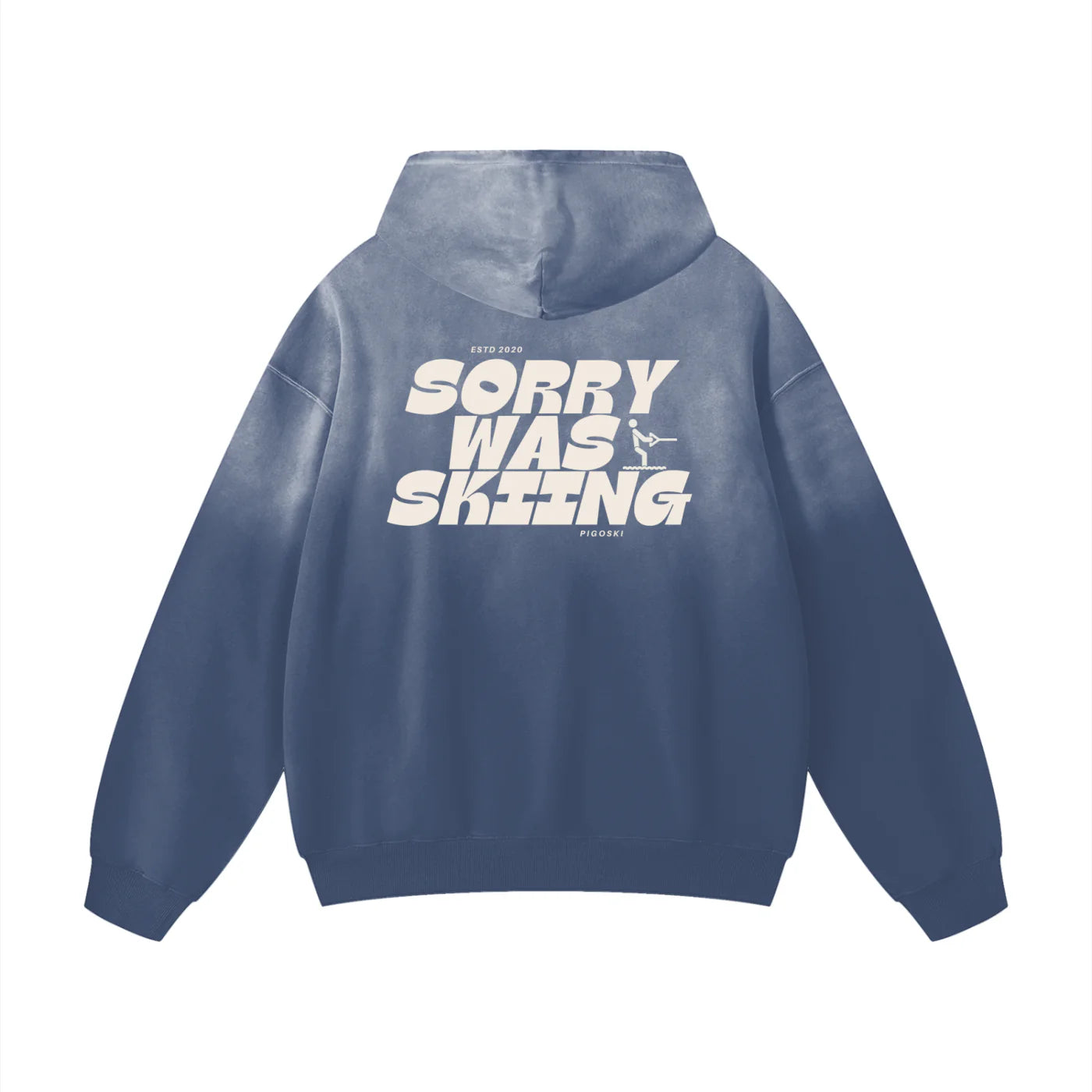 Blue hoodie with text on the back against a white background