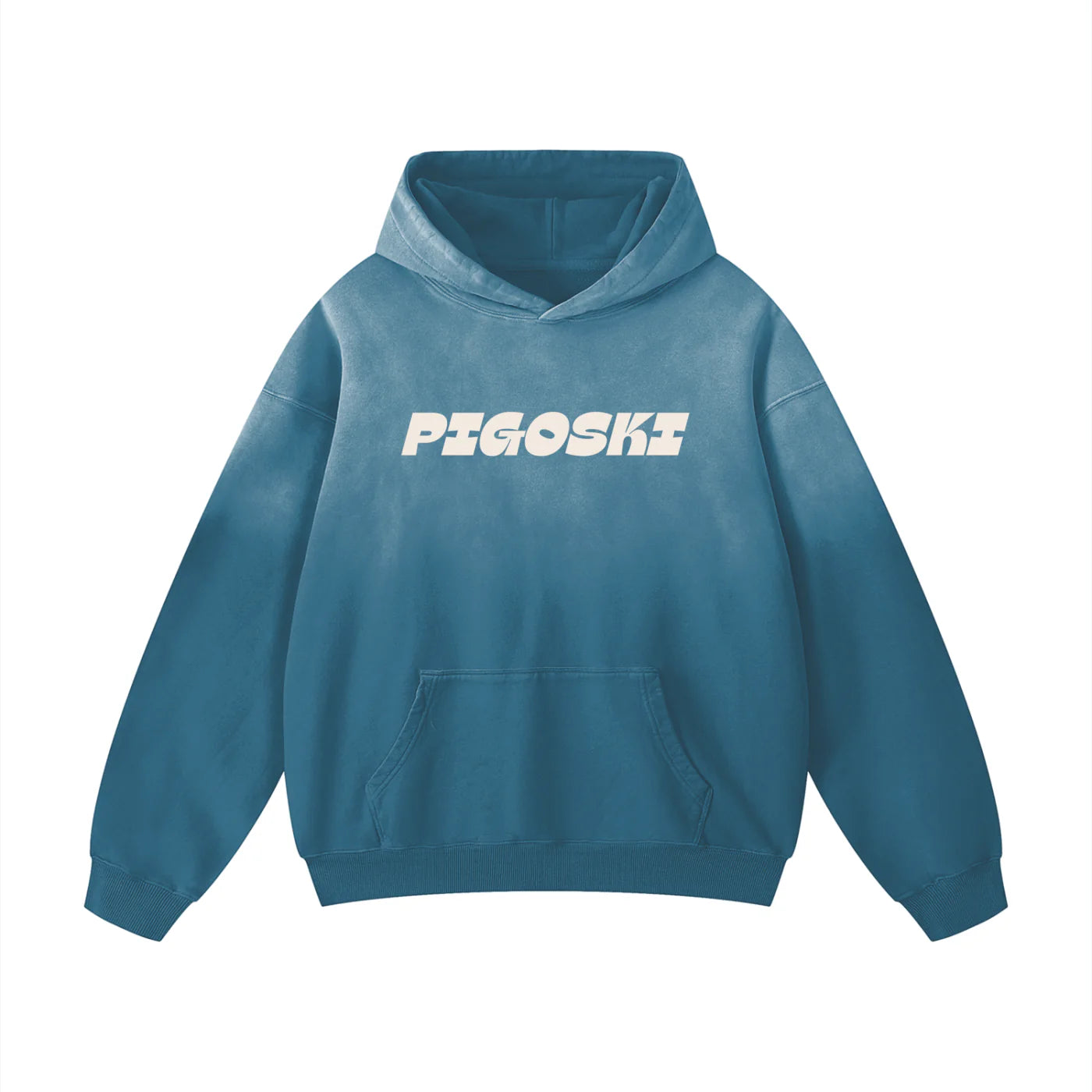 Blue hoodie with 'PIGOSKI' logo on a white background