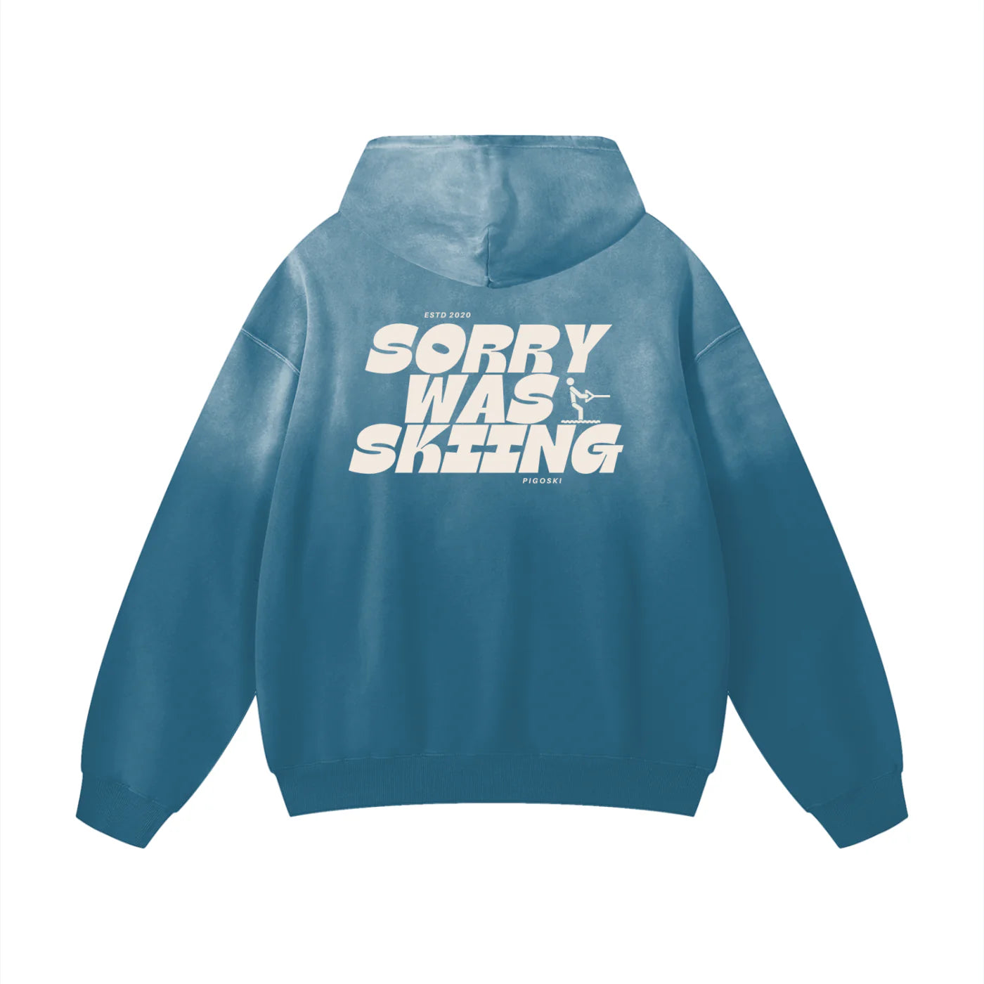 Blue hoodie with text on the back against a white background