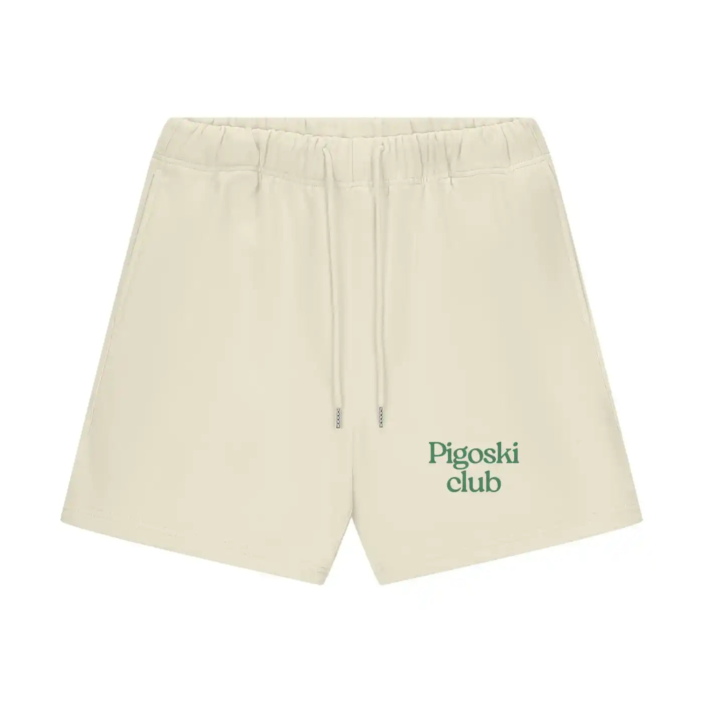 Beige shorts with green text on a white background