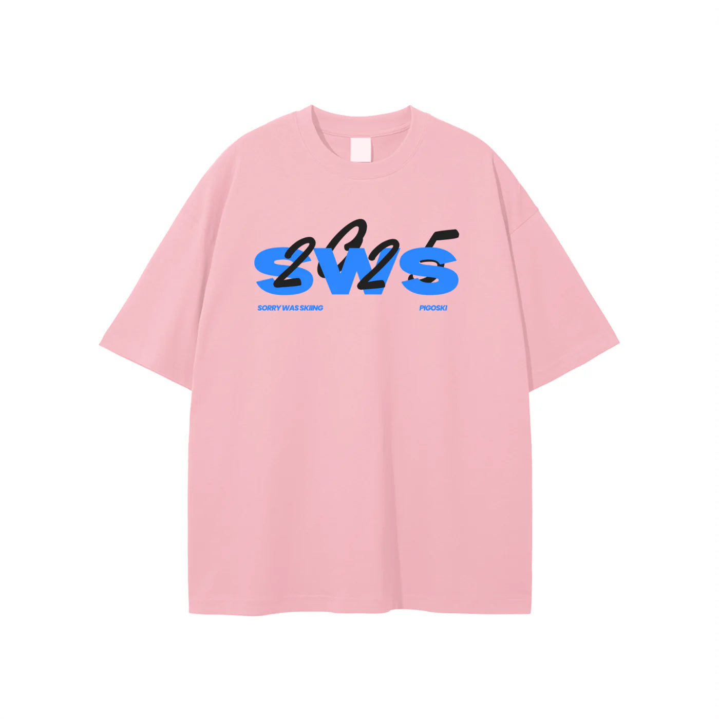 Pink t-shirt with blue and black text on a white background
