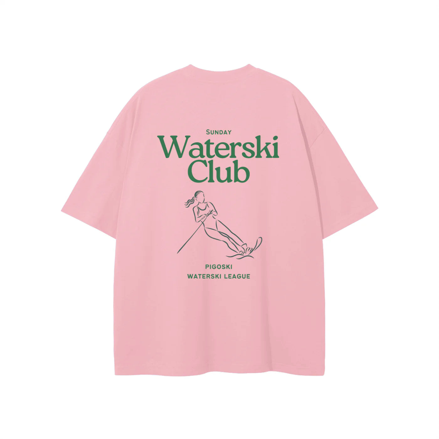 Pink t-shirt with 'Waterski Club' graphic and text on a white background