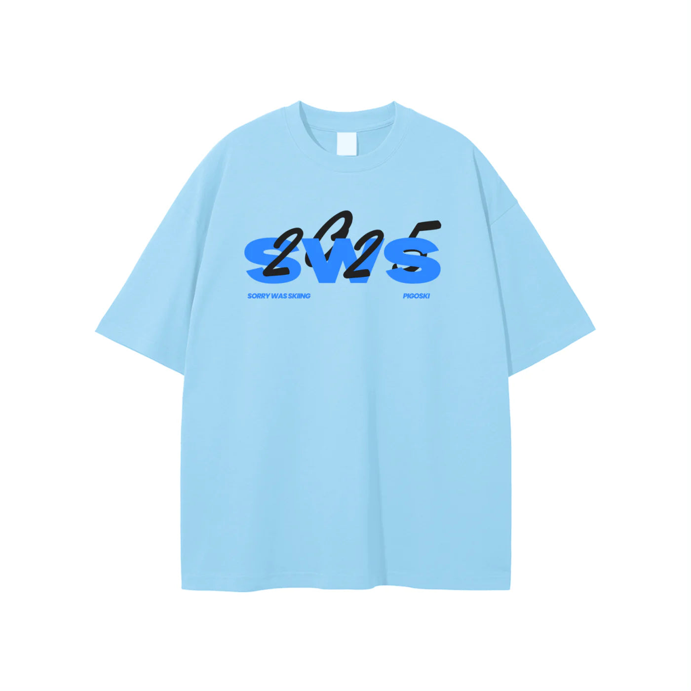 Light blue t-shirt with black and blue text on a white background