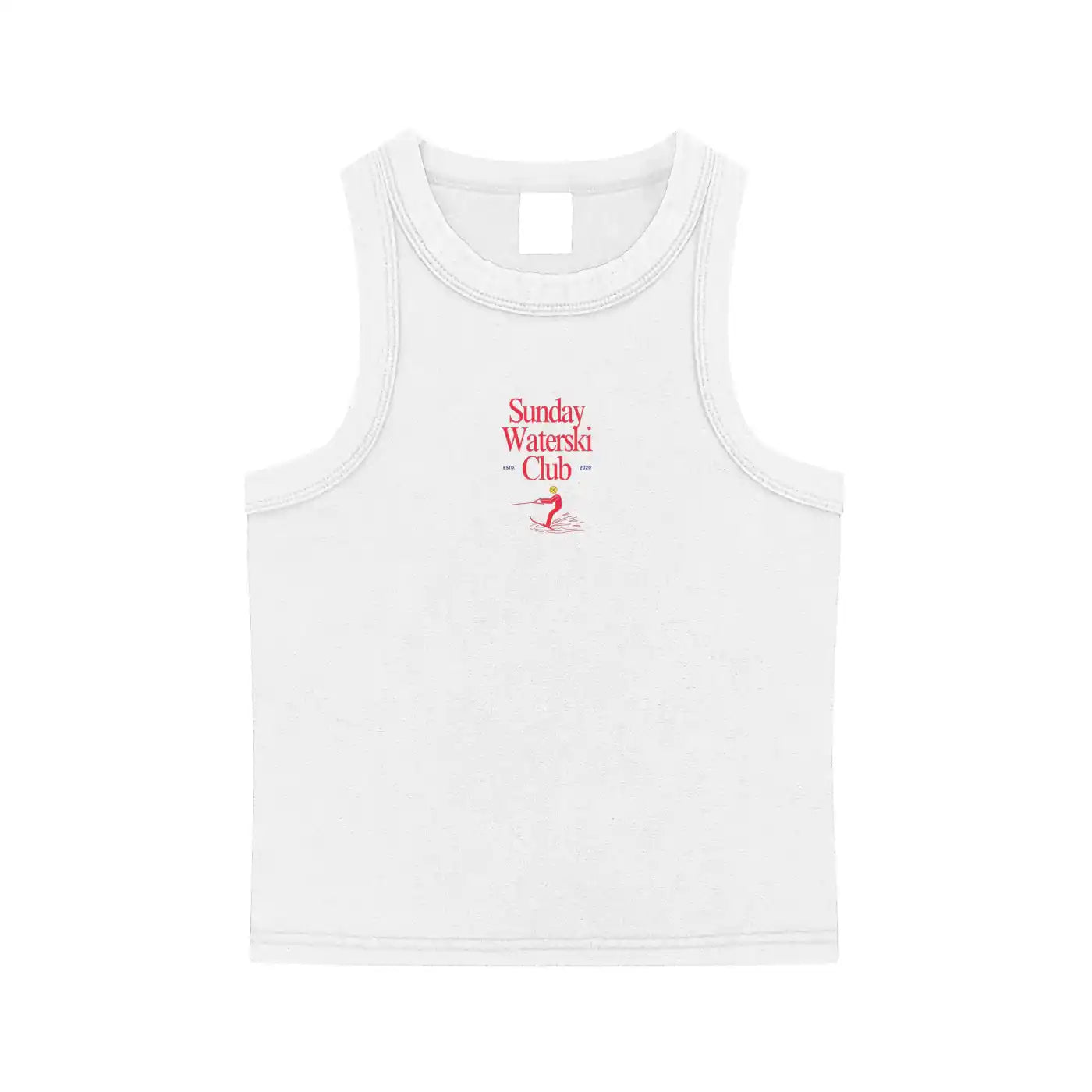 White tank top with red text and graphic on a white background