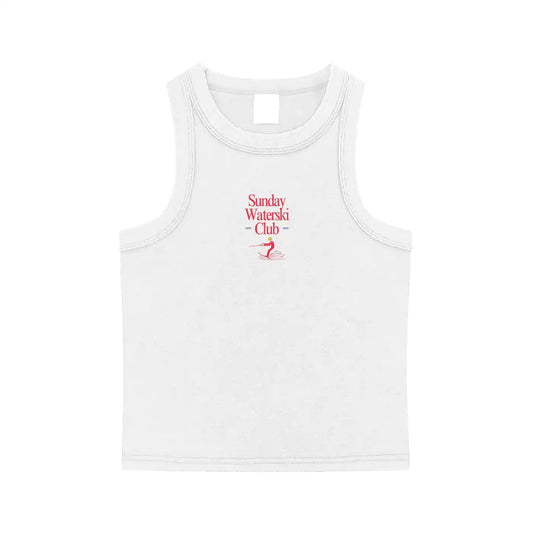 White tank top with red text and graphic on a white background