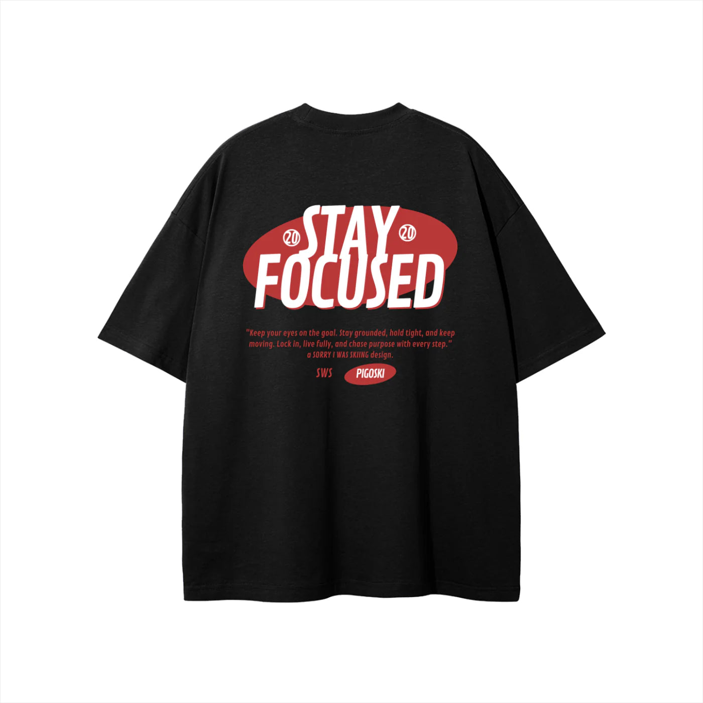 Black t-shirt with 'Stay Focused' text design on a white background