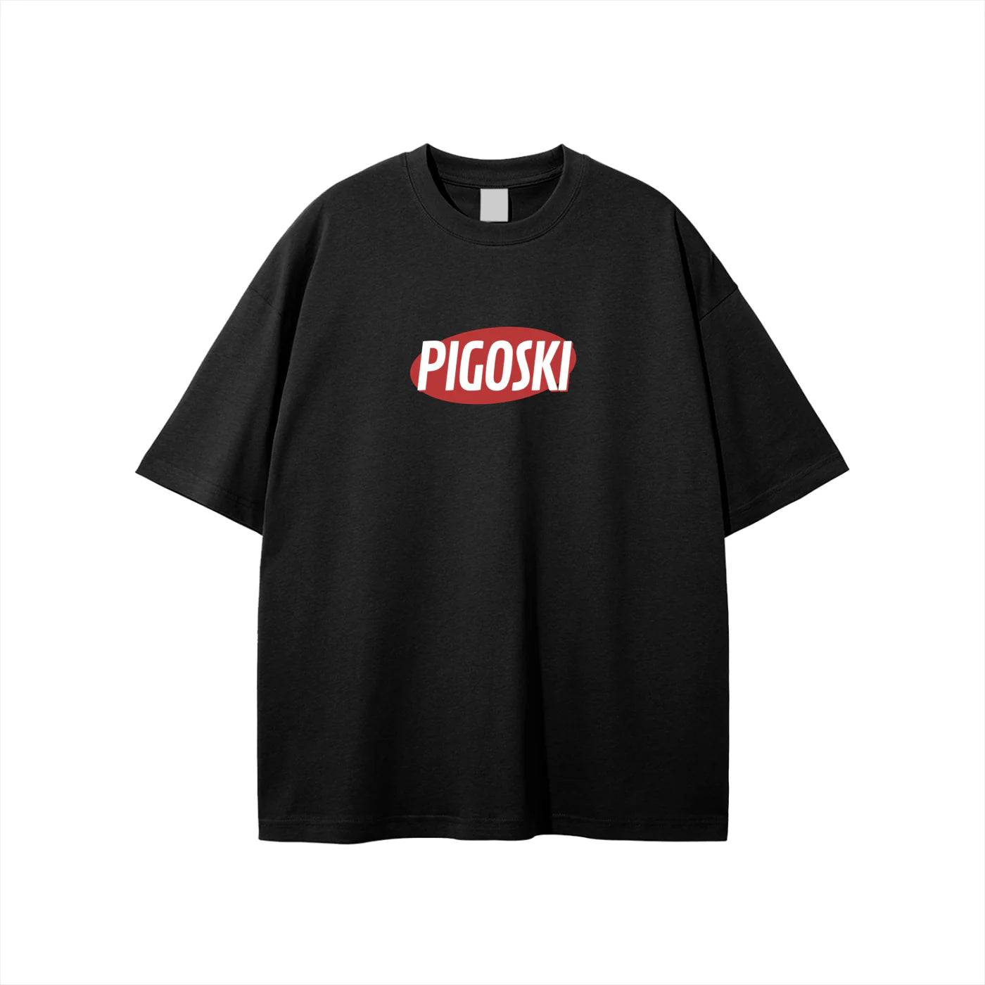 Black t-shirt with 'PIGOSKI' logo on a white background
