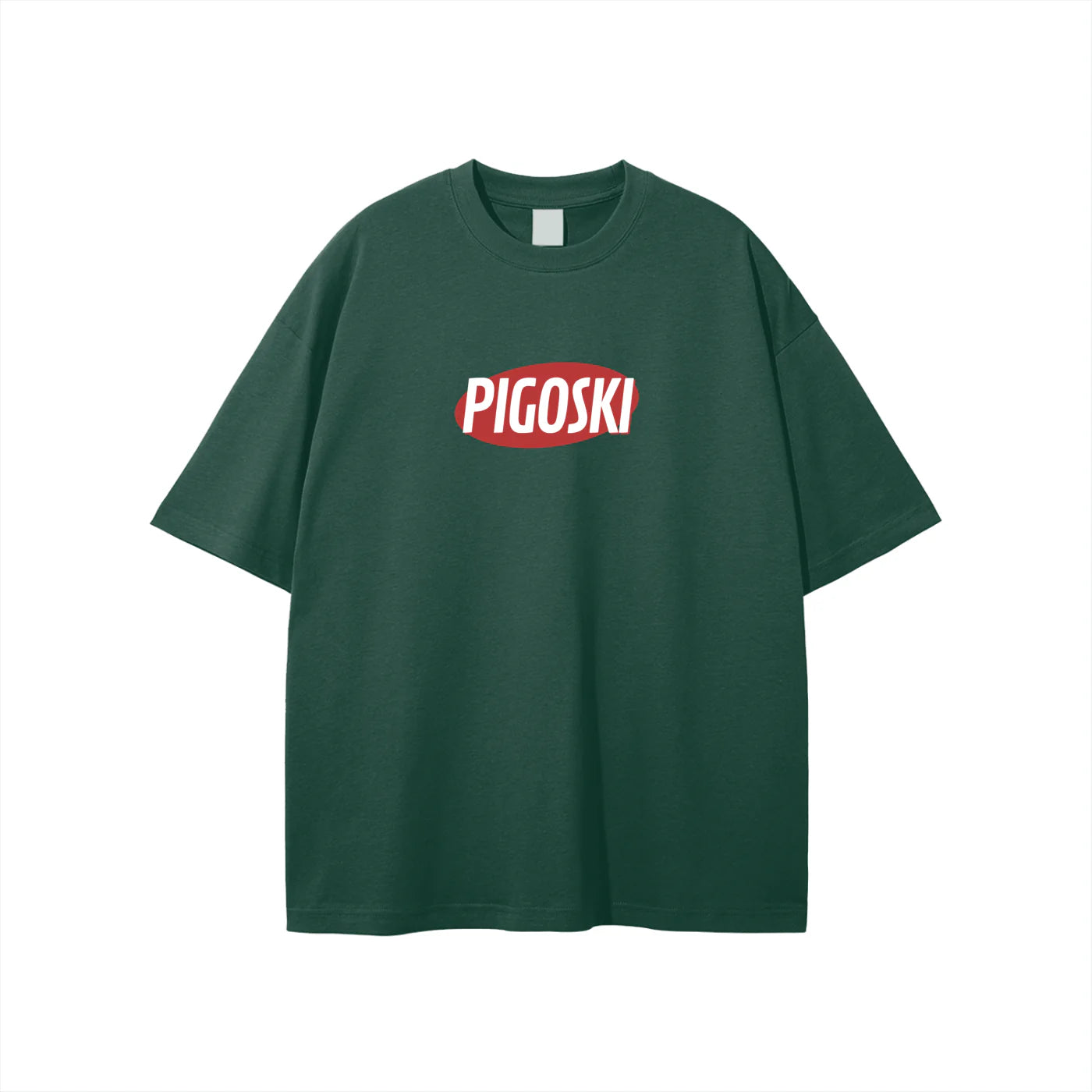 Green color t-shirt with 'PIGOSKI' logo on a white background