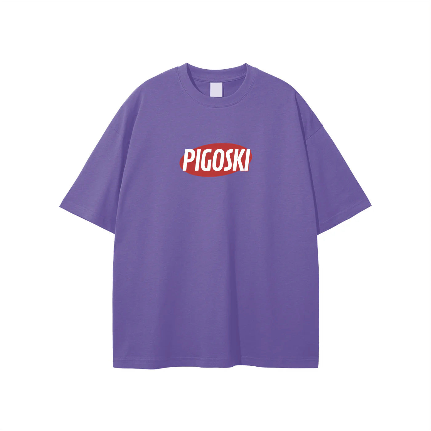 Purple t-shirt with 'PIGOSKI' logo on a white background