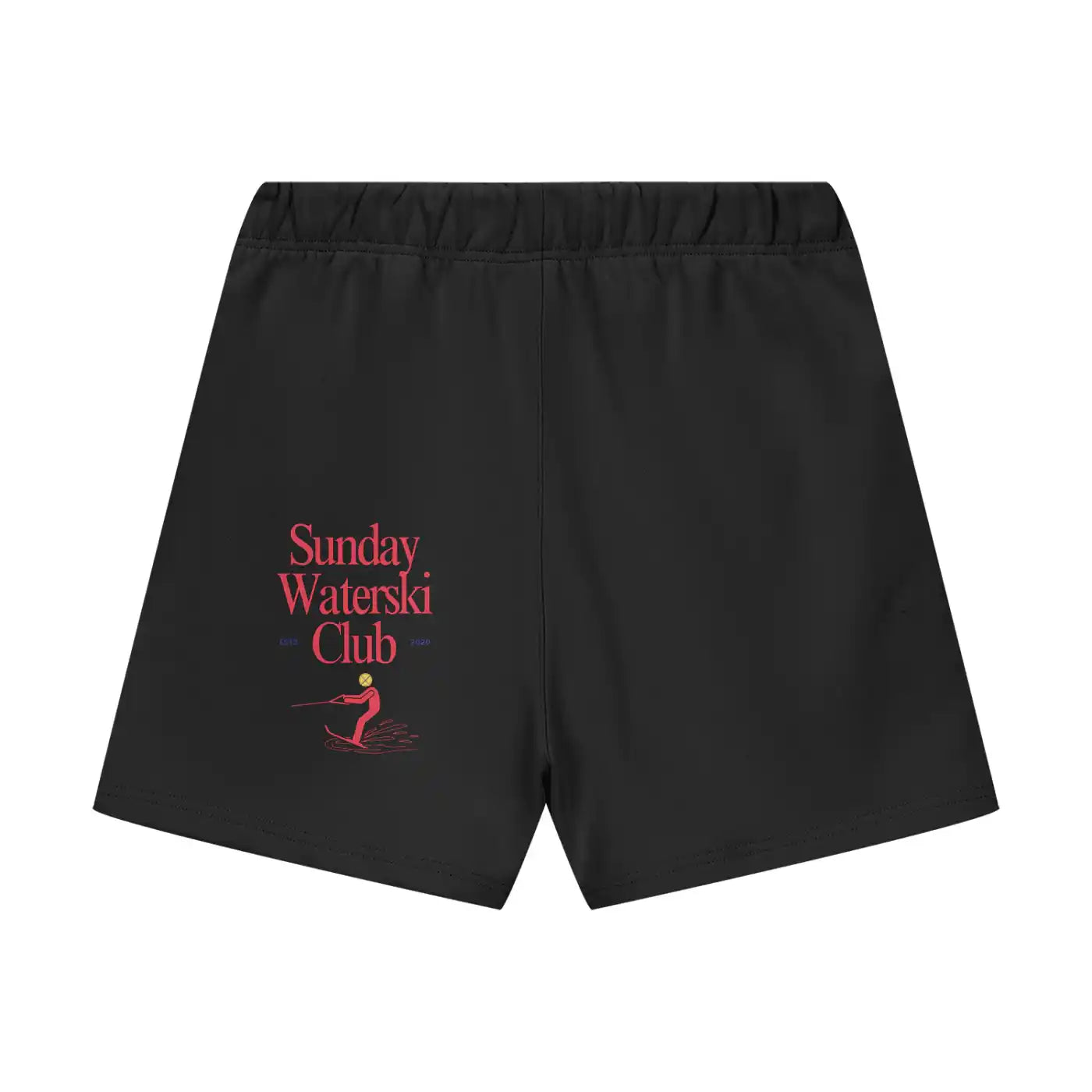 Black shorts with 'Sunday Waterski Club' text and graphic on a white background