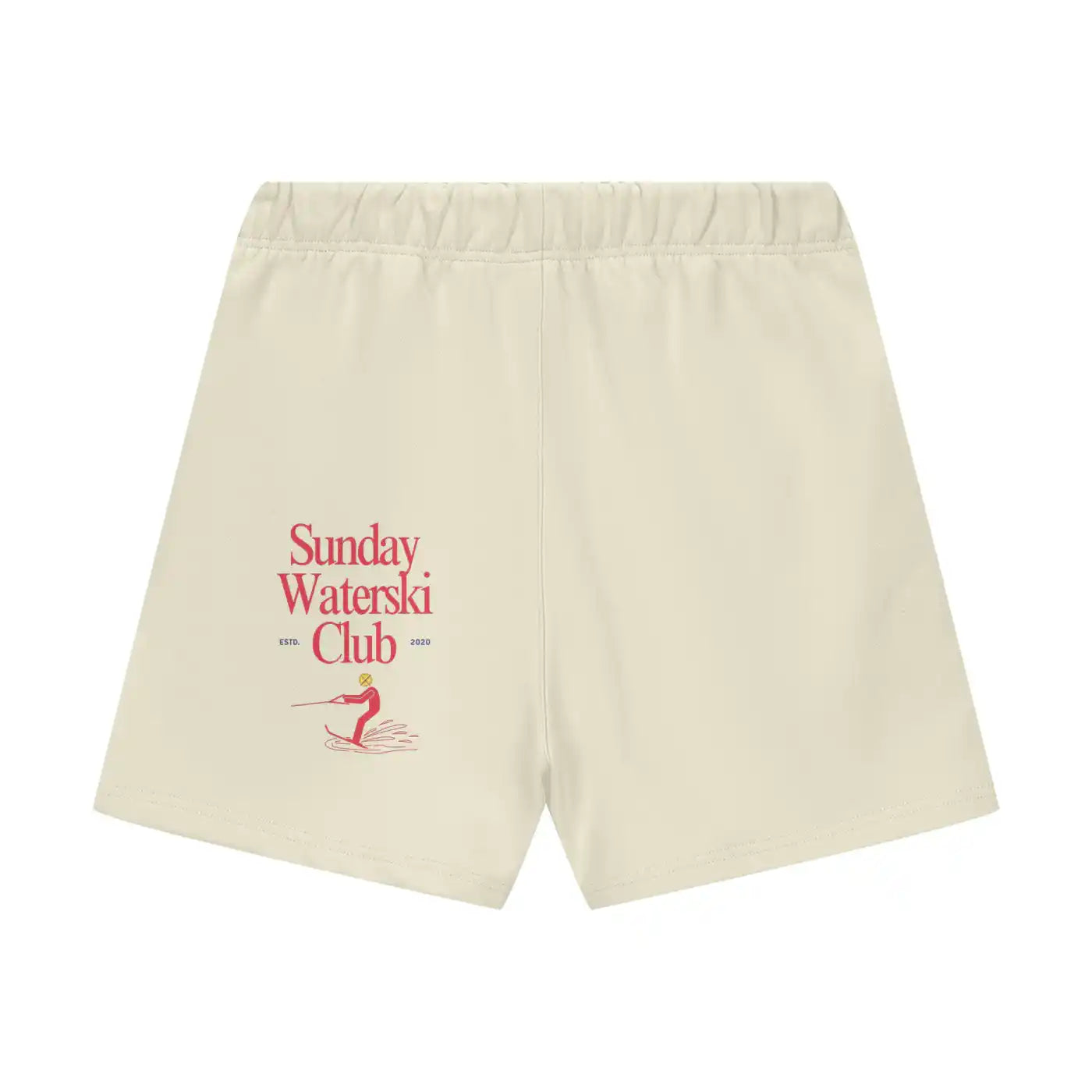 Beige shorts with red 'Sunday Waterski Club' text on a white background