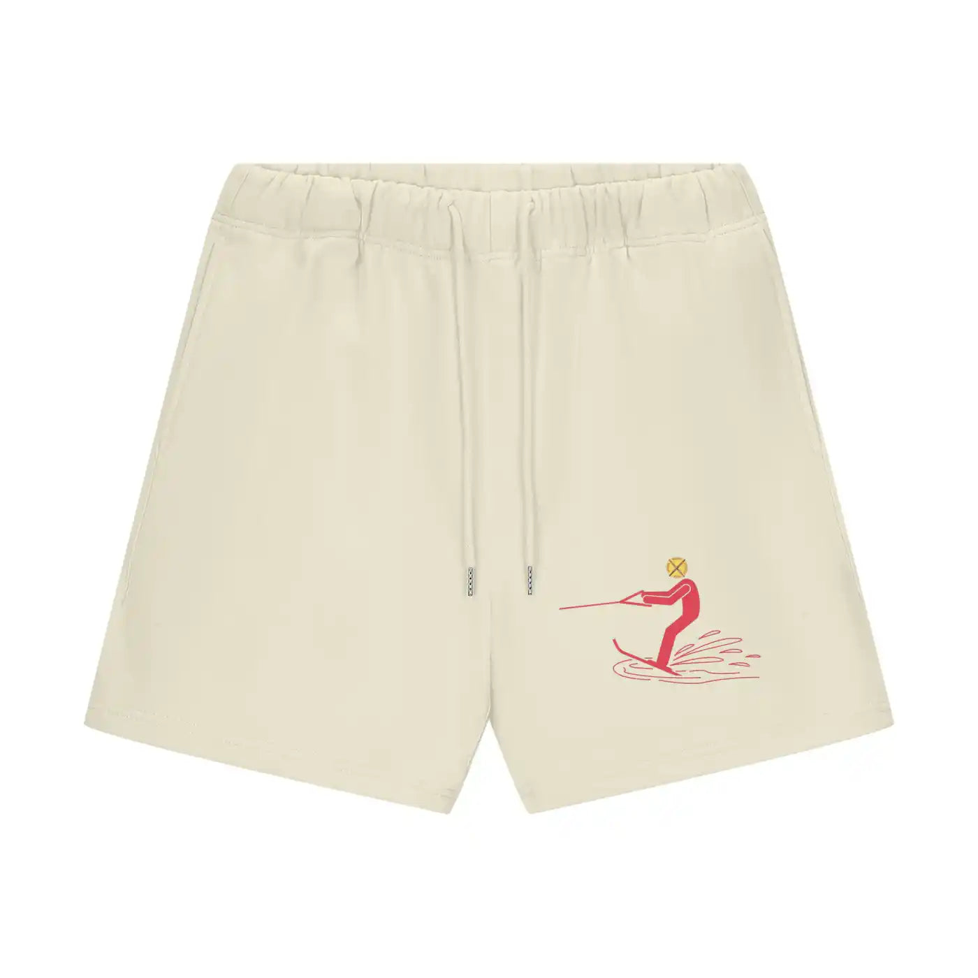Beige shorts with a red graphic on a white background