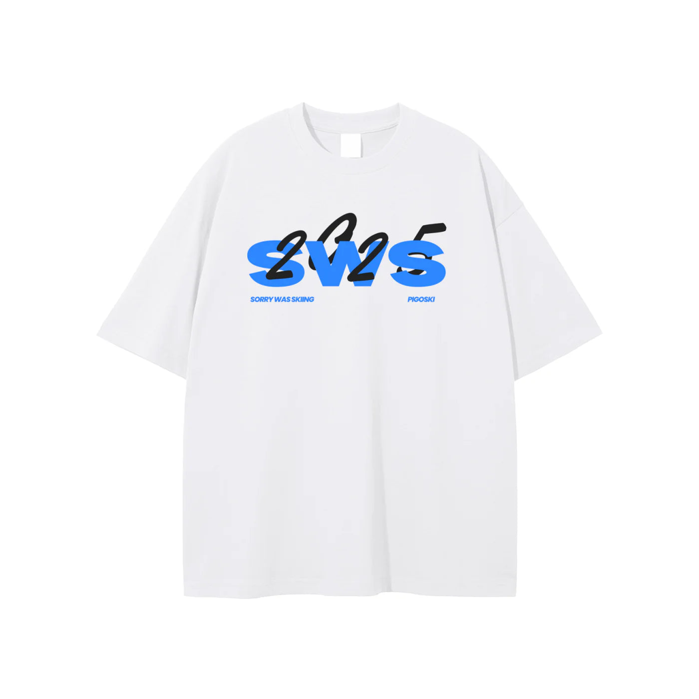 White t-shirt with blue and black text on a white background