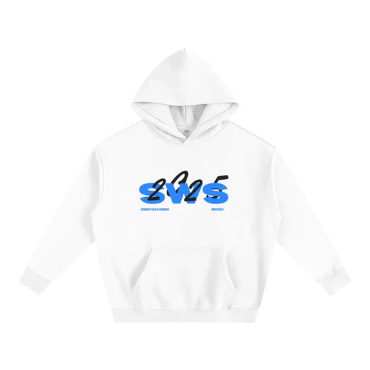 White hoodie with a logo on the chest against a white background