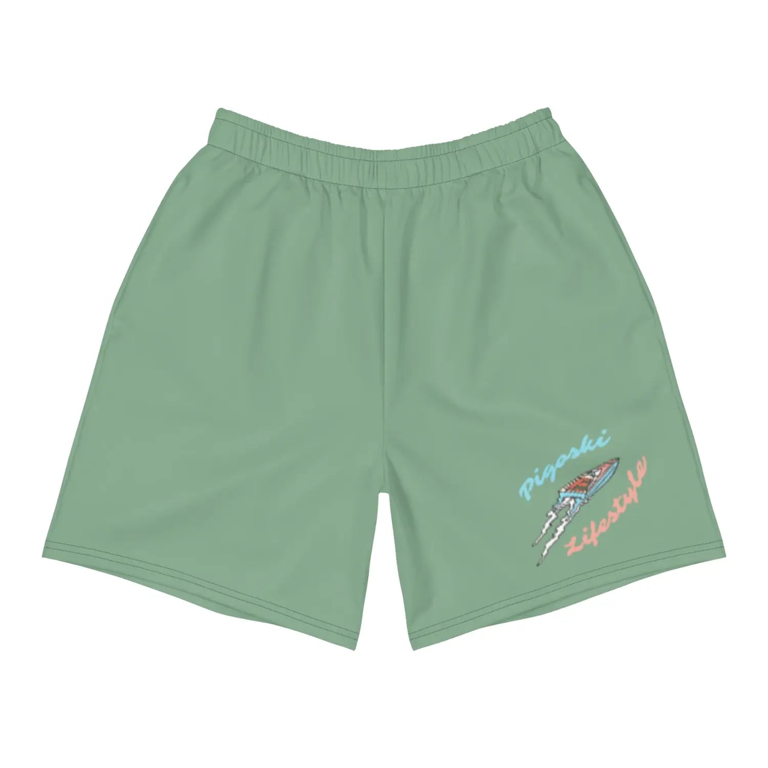 Green shorts with a logo and text on a white background