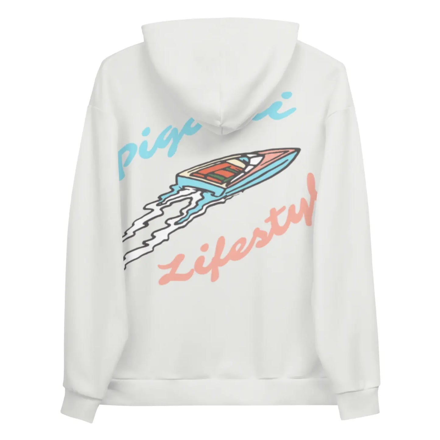 White hoodie with colorful graphics and text on a white background