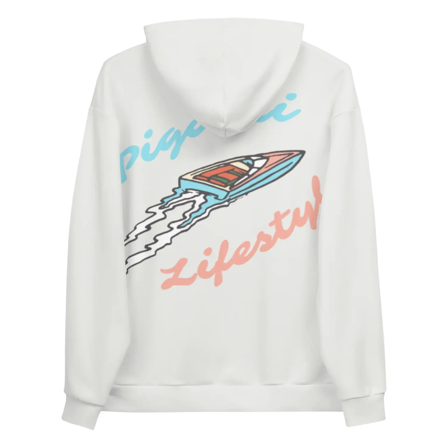 White hoodie with colorful graphics and text on a white background
