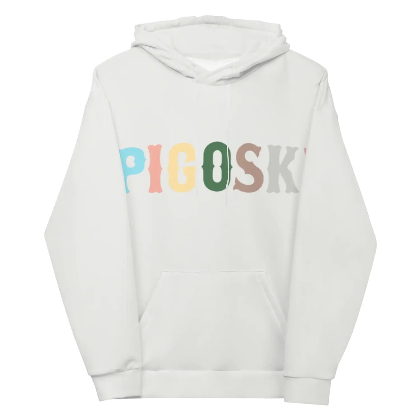 White hoodie with colorful 'PIGOSK' text on a white background