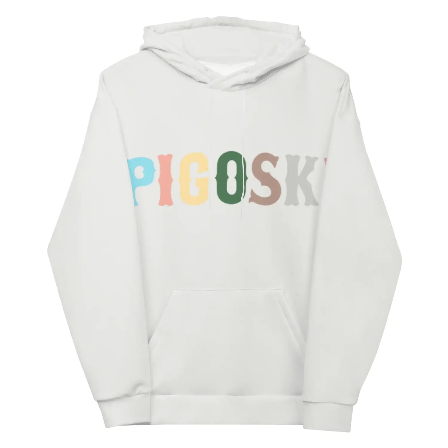 White hoodie with colorful 'PIGOSK' text on a white background