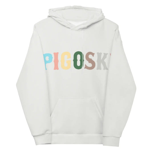 White hoodie with colorful 'PIGOSK' text on a white background