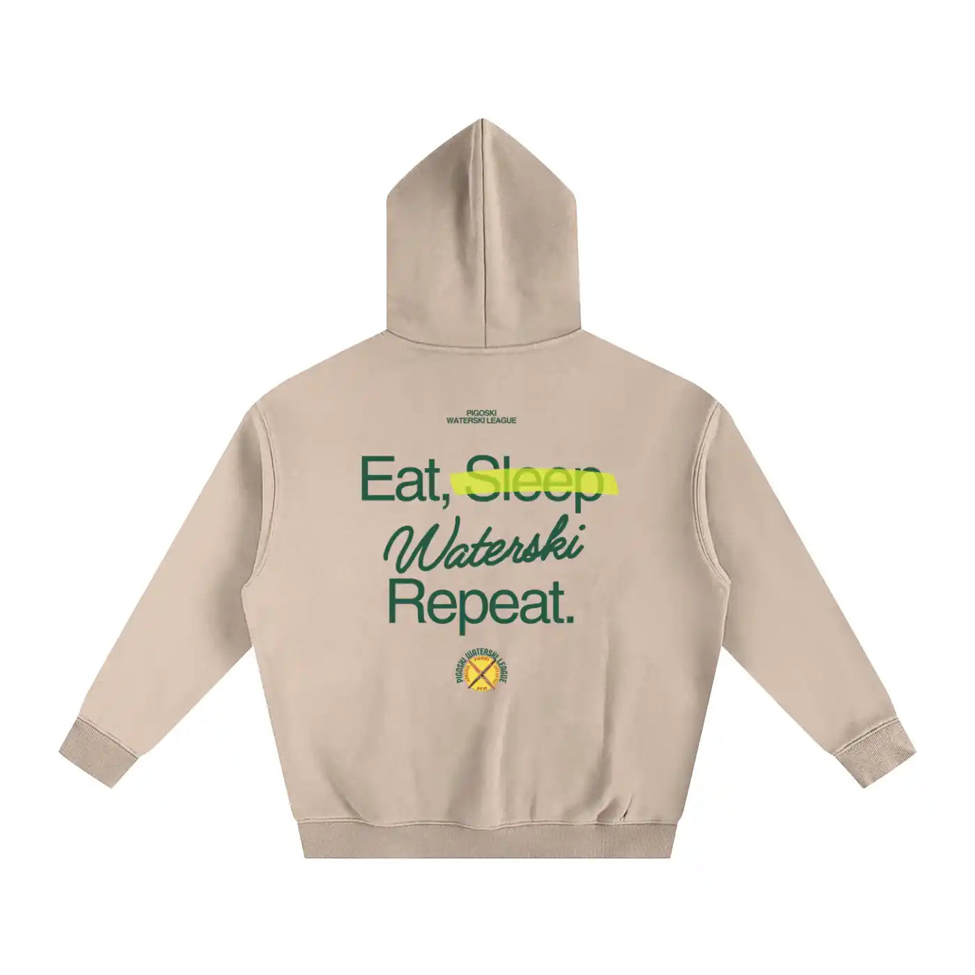 Beige hoodie with text 'Eat, Sleep Waterski Repeat' on the back against a white background