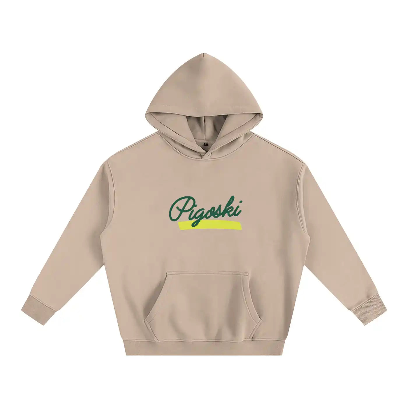 Beige hoodie with 'Pigoski' logo on a white background