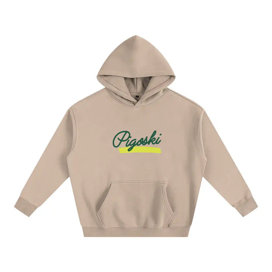 Beige hoodie with 'Pigoski' logo on a white background