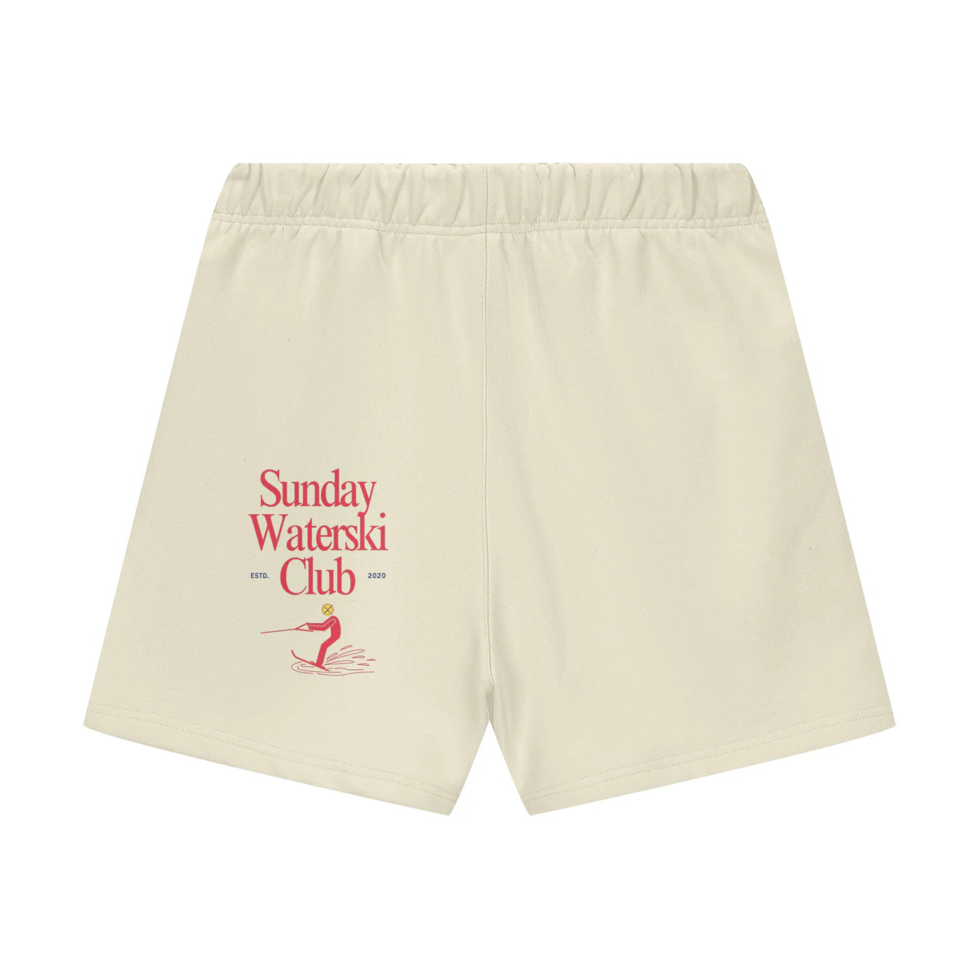Beige shorts with red 'Sunday Waterski Club' text and graphic on a white background