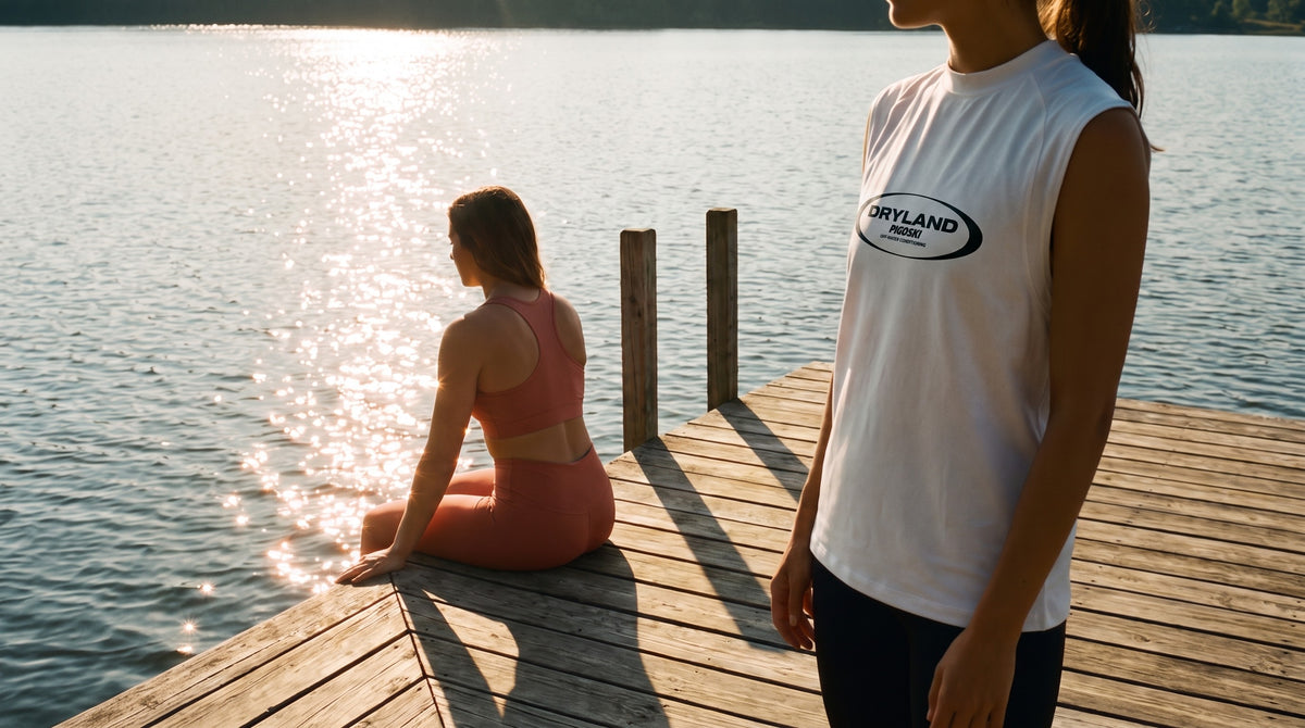 Two models lakeside at golden morning in the PIGOSKI Cropped Sports Bra and Dryland kley Cooling Tank — Tanks and Bras collection banner