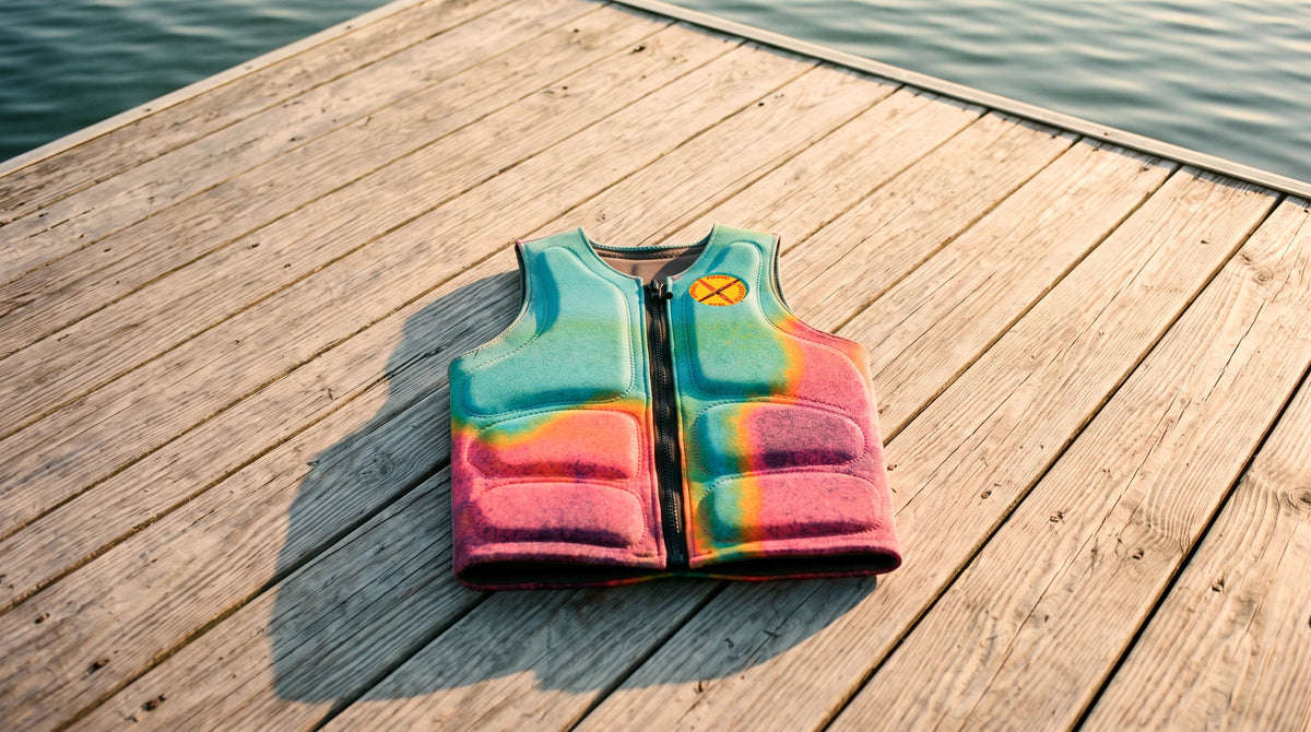 PIGOSKI Tailored Impact Vest, Riviera colorway, lying on a lake dock at golden hour