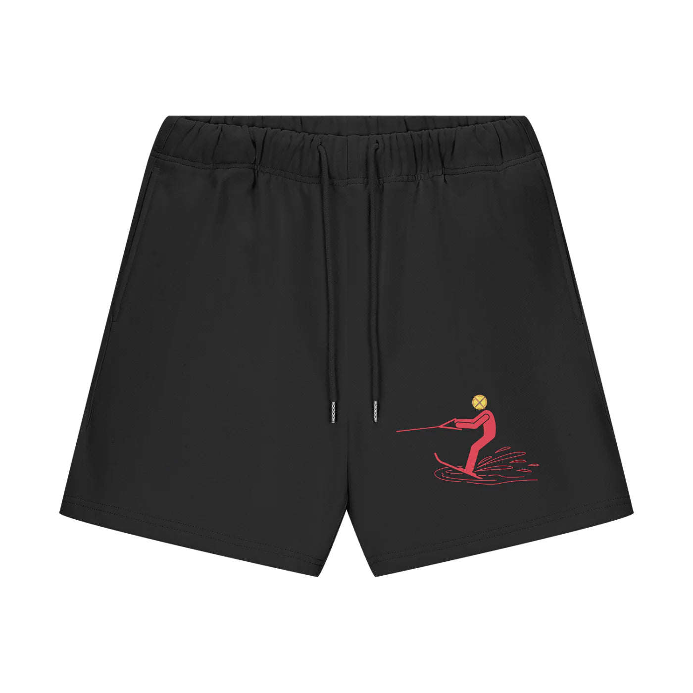 Black shorts with a red graphic on a white background