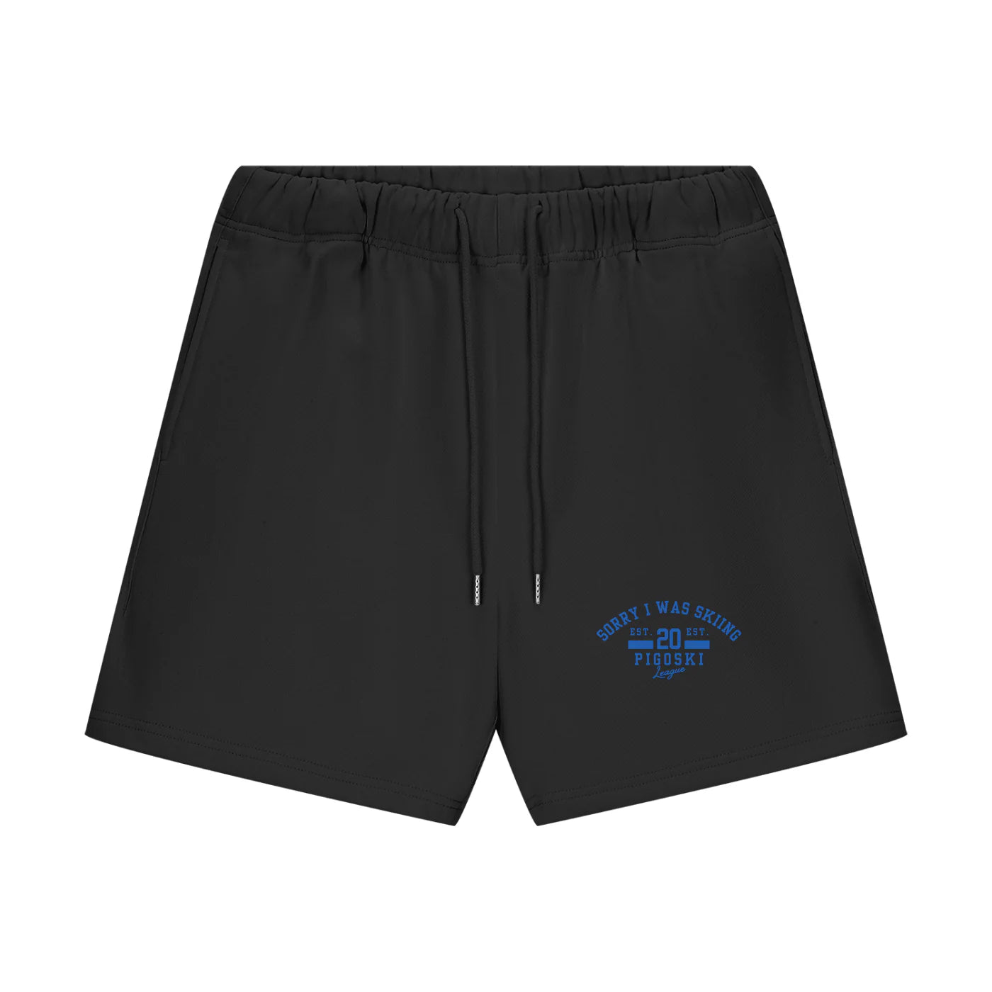 Black shorts with blue text on a white background