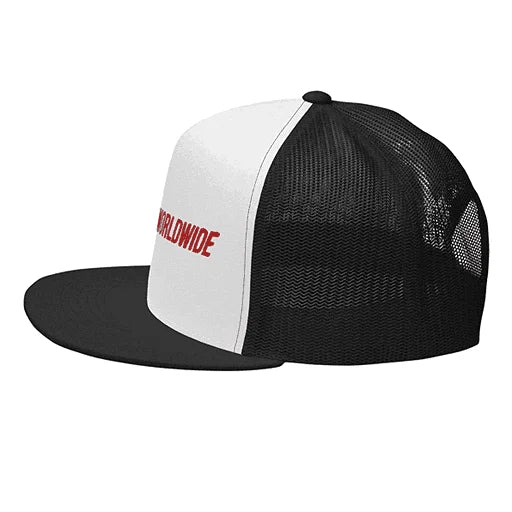 Black and white trucker cap with red text on a white background